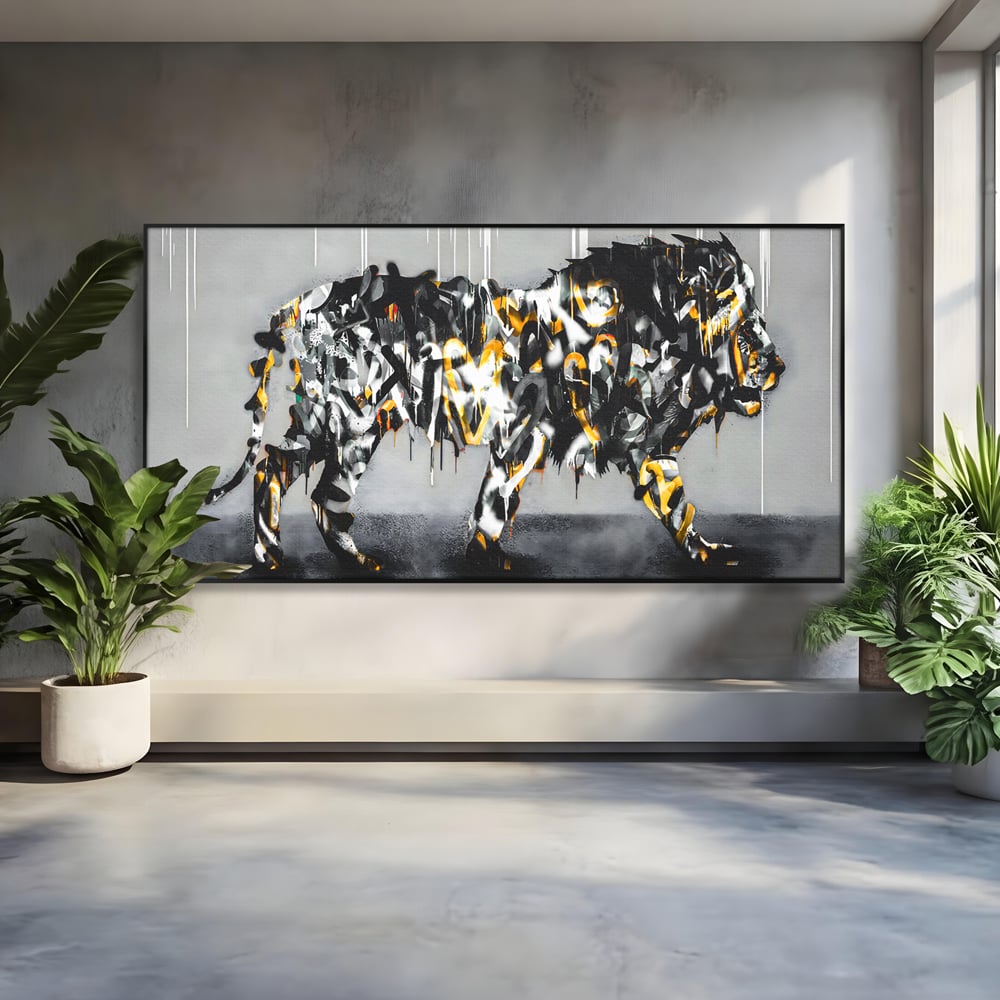 Tablou canvas cu tablou canvas cu leu in stil graffiti, in rama de aluminiu negru